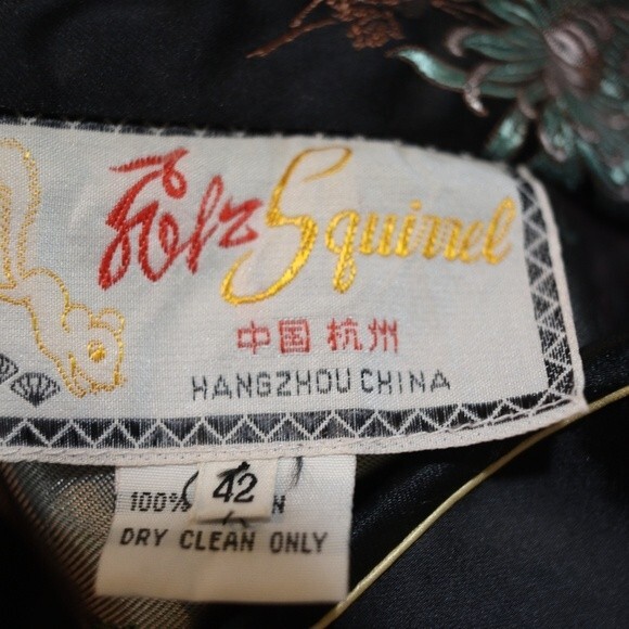 Solz Squirrel Black Oriental Asian Floral Embroidered Geisha Top Vintage 42 - Picture 15 of 16